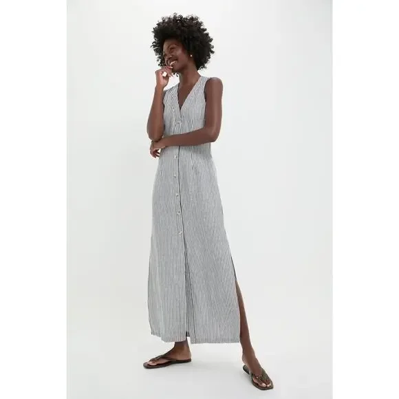 ONIA Deep Navy Striped Air Linen Button Down Maxi Dress Size XS NWT - Picture 1 of 8